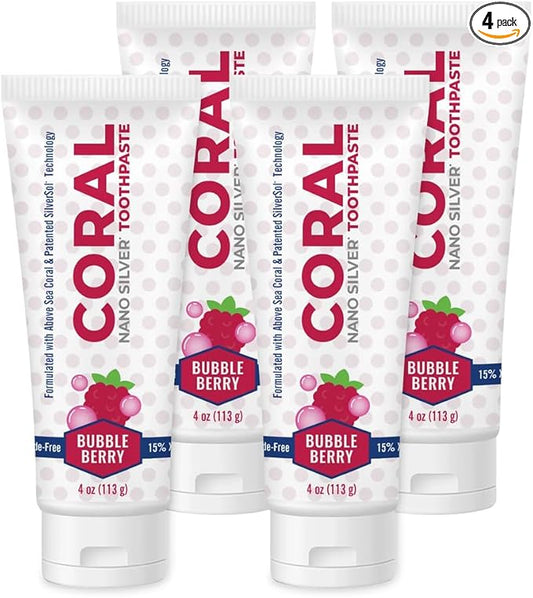Coral Nano Silver Bubble Berry Kids Toothpaste, Natural Fluoride Free Teeth Whitening Toothpaste, Coral Calcium Nano Silver Infused SLS Free - 4 Ounces (4 Pack)