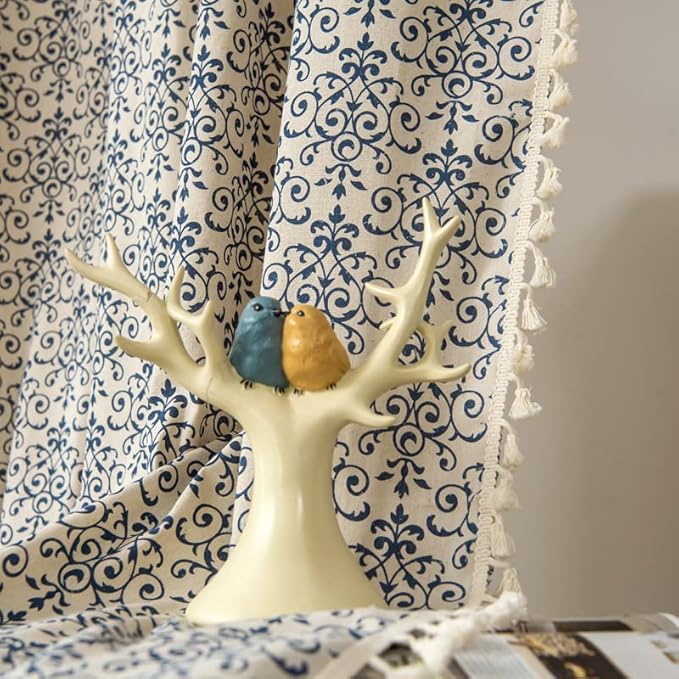 Sutuo Home Boho Curtain 84 Inches Length Semi-Blackout Bohemian Damask Moroccan Florals Print Darkening Curtains Tassels, Rod Pocket Window Treatment Drapes for Bedroom, 1 Panel 59" W x 84" L, Blue