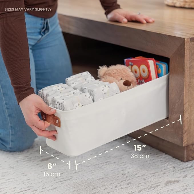 OrganiHaus Narrow Storage Bins 15x06in, Small Closet Bins for Shelves, Bathroom Storage Baskets for Shelves, Narrow Baskets, Fabric Organizer with Handles, Toilet Paper Organizer - 2 Pack, Off-White