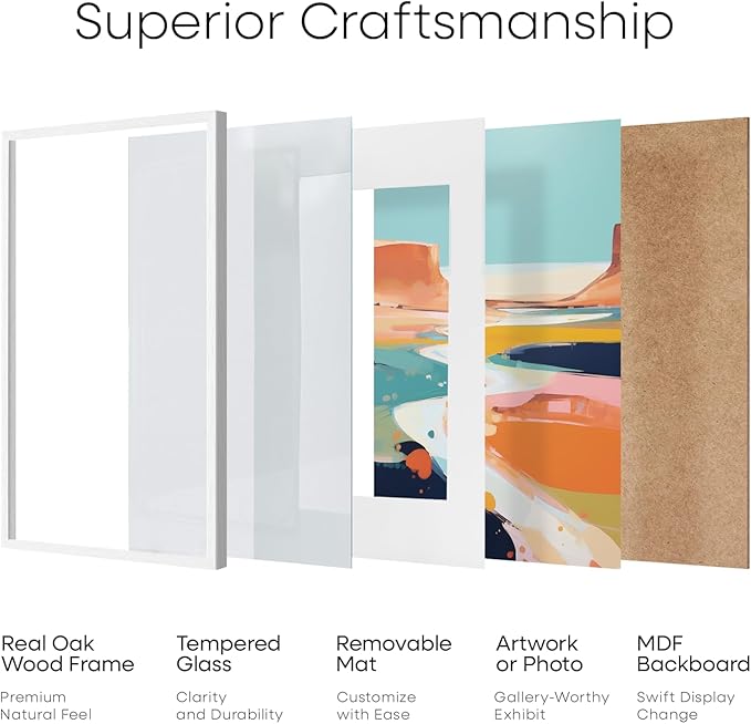 Homeforia White Picture Frames 5x7, High End Oak 5x7 Wooden Frame with Mat 4x6 Art, 5 x 7 White Wood Frames Matted to 4 x 6 inch Photo, 7by5 Wall or Tabletop Frame, Tempered Glass, Wall Kit, Set of 1