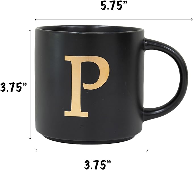 COLLECTIVE HOME - Monogram Ceramic Mugs, 15 oz Golden Initial Black Coffee Cups, Elegant Alphabet Tea Mugs, Elegant Personalized Mug with Gift Box, Unique Mug with Double Side Capital Lette (P)