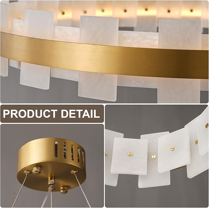 20" Natural Spanish Alabaster Round Chandelier, Adjustable Large Chandeliers for Living Room Over Table, Modern Luxury Alabaster Stone Chandelier for Drawing Room, Bedroom, Hallway, Foyer