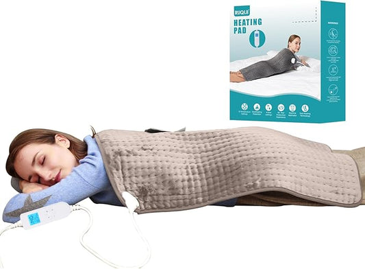 Ruqiji 17''x33'' XXXL King Size Heating Pad with Fast-Heating Technology&10 Temperature Settings, Flannel Electric Heating Pad/Pain Relief for Back/Neck/Shoulders/Menstrual Pain/Leg Cramp (Light Tan)