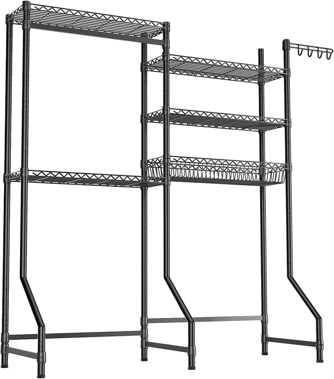 Over Washer and Dryer Shelves,Heavy Duty Laundry Room Storage Organization Clothes Drying Rack,5 Tier Adjustable Height Wire Shelving and Wire Basket with Hanger Rod&Hook,Space Saving Shelf