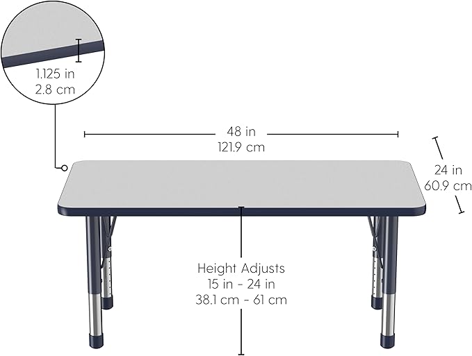 FDP Rectangle Activity School and Kids Classroom Table (24 x 48 inch), Toddler Legs, Adjustable Height 15-24 inches - Gray Top and Navy Edge
