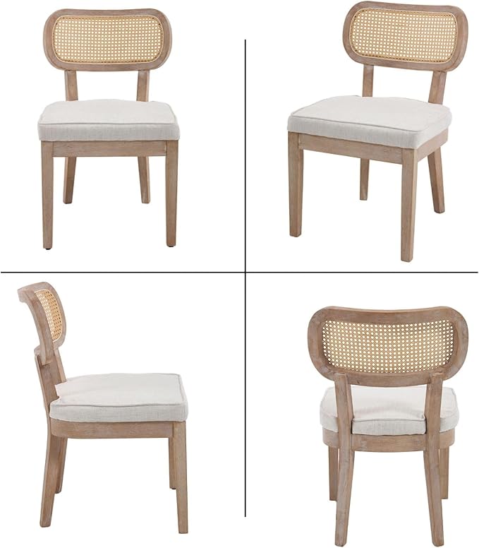 Rattan Dining Chairs Set of 6 Farmhouse Wood Kitchen Chairs with Cane Back Upholstered Curved Backrest Dinner Chair Rustic Armless Side Chair for Dining/Living Room/Restaurant, Beige
