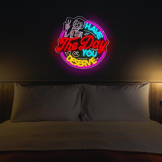 Have The Day You Deserve Neon Sign,Funny Skull Neon Signs For Wall Decor,USB Dimmable LED Neon Light signs for Bedroom,Party, Bar, club,Living Room Halloween Decoration Gifts