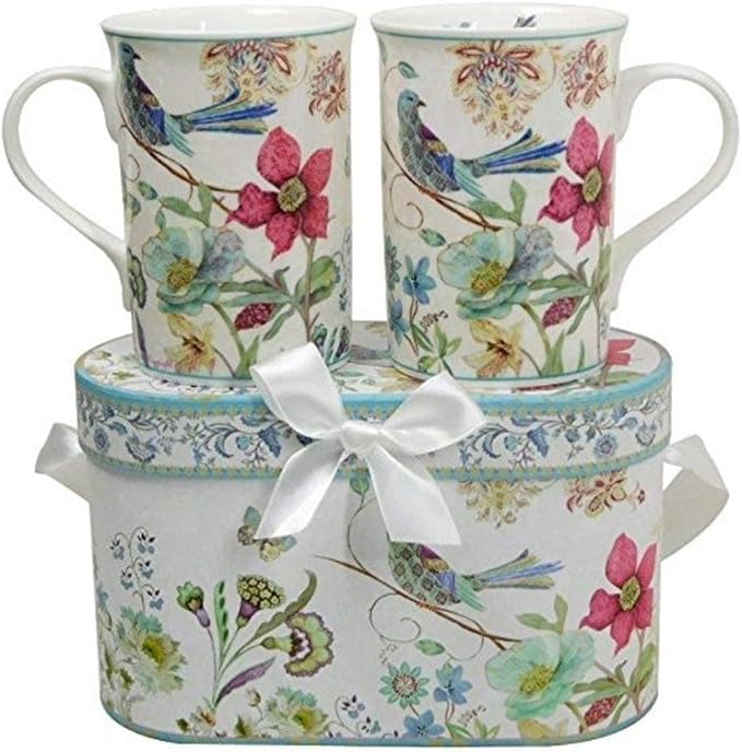 Lightahead Elegant Bone China Two Coffee Mugs set in Blue bird design 11.2 oz each cup in attractive gift box