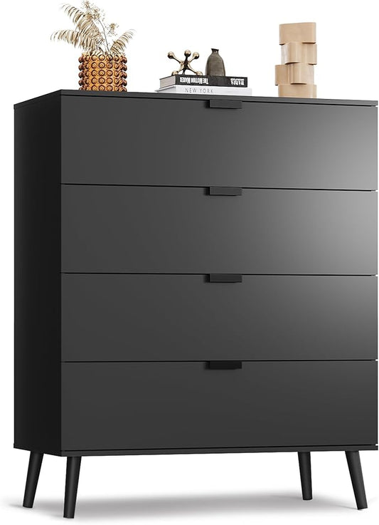WLIVE 4 Drawer Dresser for Bedroom, Tall Wood Dresser, Modern Black Dressers with Sturdy Metal Handle, Small Chest of Drawers for Living Room, Hallway