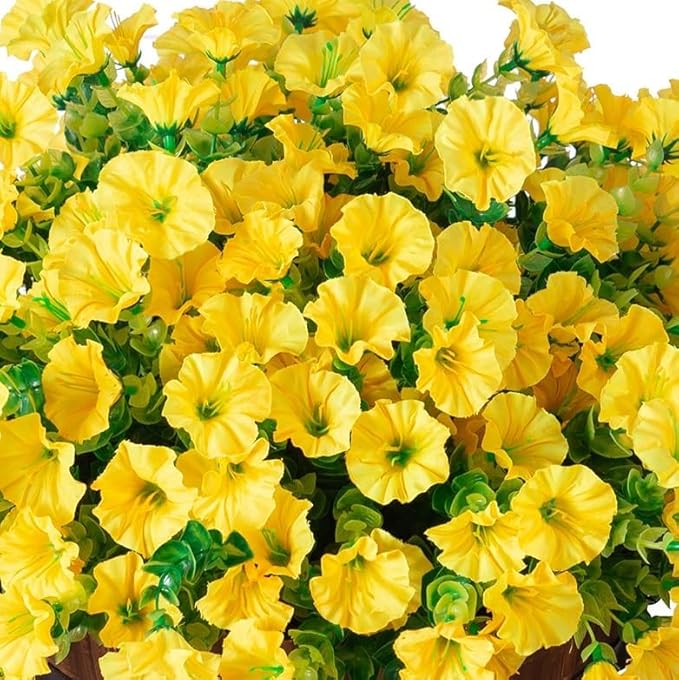 Artificial Fall Flowers Fake Hanging Plants Flowers Basket for Outdoors Autumn Decoration, Yellow Silk Morning Glory with Eucalyptus Look Real UV Resistant Faux Flowers for Outside Porch Patio Balcony