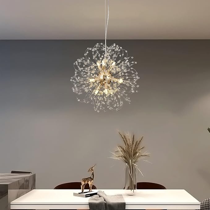 Modern Sputnik Chandeliers for Dining Room, Gold Dandelion Ceiling Hanging Lamp, Round Crystal Beaded Pendant Lights for Bedroom Living Room Farmhouse Kitchen Island (Gold 9Lights)