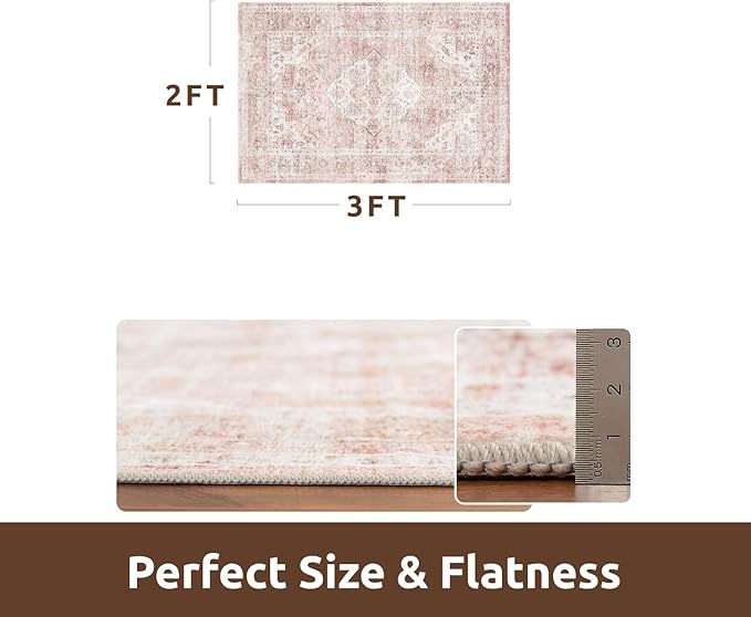 AMOAMI-2X3 Small Rug-Washable Rugs Entryway Mat Indoor-Soft Vintage Non Slip Rugs for Kitchen Laundry Room Bathroom Pink Decorative Accent Rug for in Front of Sink 24 Inch x36 Inch