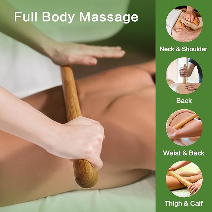 3PCS 100% Natural Solid Bamboo Massage Sticks,GuaSha Bamboo Massage Rollers for Back,Legs,Full Body,Deeply Deep Tissue Massage,Muscle Relax,Body Shaping,Portable Therapy Set(with Storage Bag)