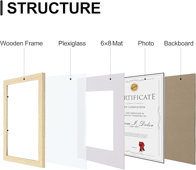Vittanly 8.5x11 Picture Frames Set of 9, Shatter Resistant Plexiglass, Display 6x8 Pictures with Mat or 8.5x11 without Mat, Photo Frames for Wall or Tabletop, Engineered Wood, OAK