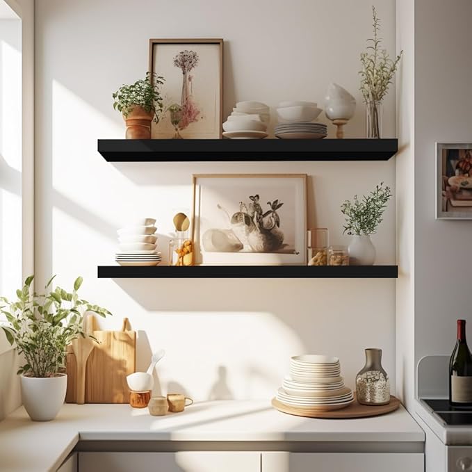 LaVie Home Floating Shelves, 24 Inch Wall Shelf Set of 2, Hanging Shelf with Invisible Brackets, Wall Decor for Bathroom, Bedroom, Living Room, Kitchen Storage, Classic Black