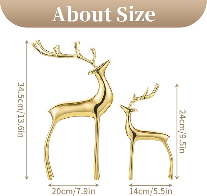 Sziqiqi Reindeer Figurine Statues Deluxe Set of 2, Christmas Deer Pure Copper Heavy Reindeer Ornaments for Home Decor Accents Living Room Office Bookself Tabletop Mantle Christmas Decoration, Gold