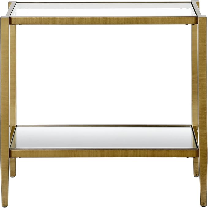 Henn&Hart 24" Wide Rectangular Side Table with Glass Shelf in Antique Brass, Table for Living Room, Bedroom