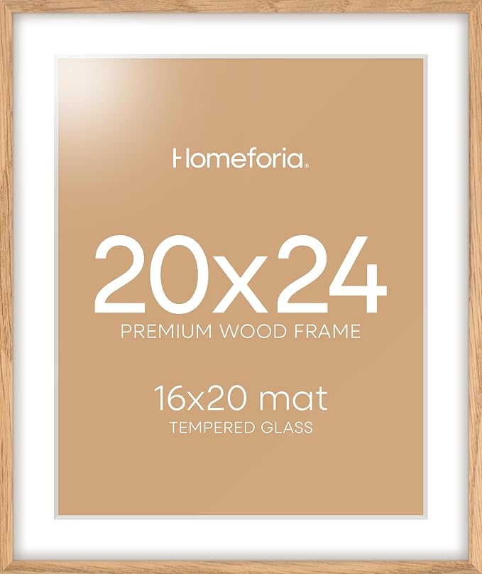 Homeforia 20x24 Picture Frame Wood, High End Natural Oak 20x24 Frame Matted to 16x20 Photo, 20 x 24 Light Wooden Poster Frames with Mat 16 by 20, 24by20 Thin Frames, Tempered Glass, Wall Kit, Set of 1