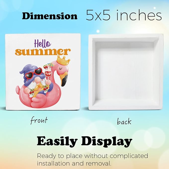 Hello Summer Decor Flamingo Decorations Summer Gnome Wooden Sign Rustic Home Decor 5 x 5 Inches