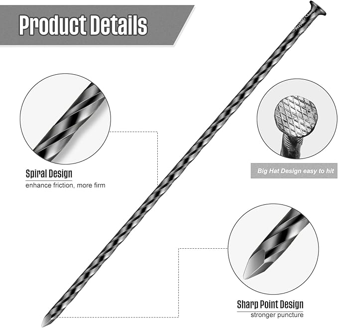 200 Pcs Metal Nails 8 Inch Artificial Spikes Galvanized Spiral Landscape Stakes Edging Spikes Garden Stakes for Fake Landscaping Grass Ground Lawn(Black)