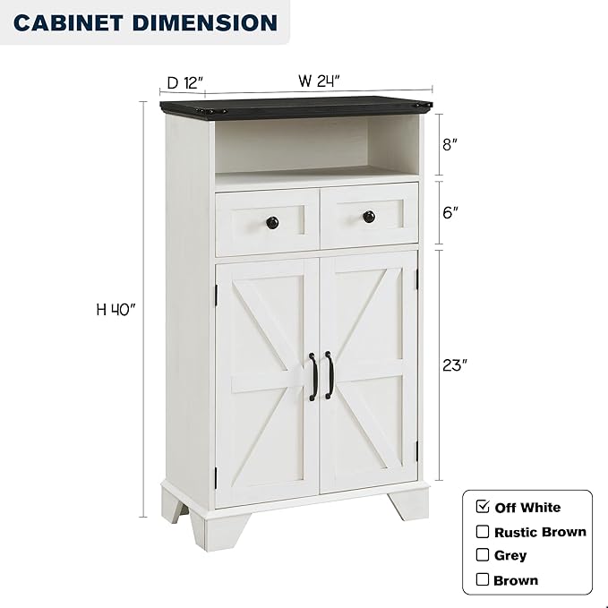 Bathroom Floor Cabinet, Farmhouse Storage Cabinet, 24" Wide Cabinet with Drawer, Adjustable Shelf, Barn Doors, Cabinets for Bathroom, Kitchen, Living Room, Off White