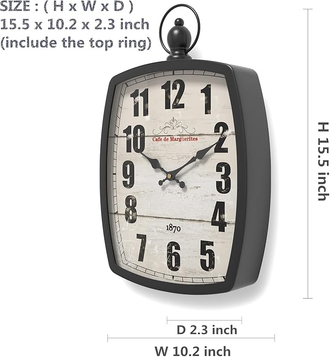 Menterry Rectangle Retro Large Wall Clock, Old-Fashioned Vintage Design, Black Antique Style, Battery Operated Silent Decor Wall Clocks for Farmhouse,Kitchen,Office (15.5" H x 10.2" W)