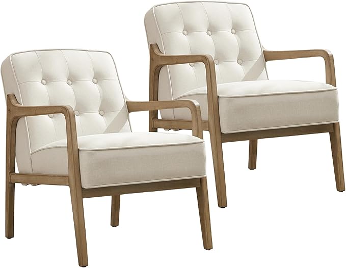 Linen Accent Chair Set of 2, Mid Century Modern Chair for Living Room, Upholstered Comfy Lounge Armchair with Solid Wood Frame, Reading Side Chair for Bedroom,105°Ergonomic Comfort, White