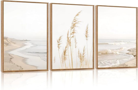 HPNIUB Modern Beach Artwork Seascape Wall Art, Seaside Framed Painting Reed Pathway Picture, Minimalist Neutral Coastal Landscape Wall Decor for Living Room,Bathroom -24'' x36'' x3