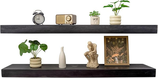 Floating Shelves 3 inch Thick for Wall Set of 2,Solid Pine Wood Wall Mount Shelf for Kitchen Living Room Bedroom Bathroom,8" D x 60" L x 3" H-Black