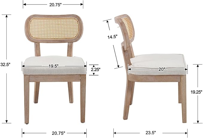 Rattan Dining Chairs Set of 2, Linen Fabric Farmhouse Dining Room Chairs with Cane Back Curved Backrest Kitchen Chairs Rustic Armless Side Chairs for Dining/Living Room/Restaurant, Beige