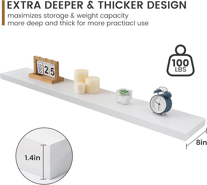 Fun Memories 48 Inch Floating Shelves for Wall, Deep Rustic Solid Pine Wood Shelf - Farmhouse Wall Mounted Display Shelf with Heavy-Duty Metal Bracket, 48" W x 8" D, Set of 1, White