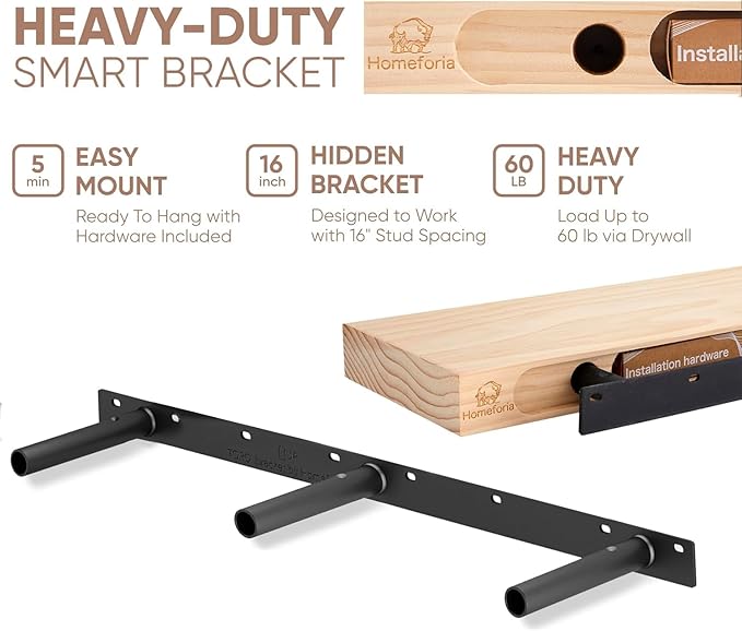 Homeforia 60 inch Wood Floating Shelf, High End Solid Natural Long Wood Shelf for Wall 60 inches, Unfinished Wooden 60inch Large Floating Shelves, Heavy Duty Bracket, 60 X 6.5 X 1.75 in, Set of 2