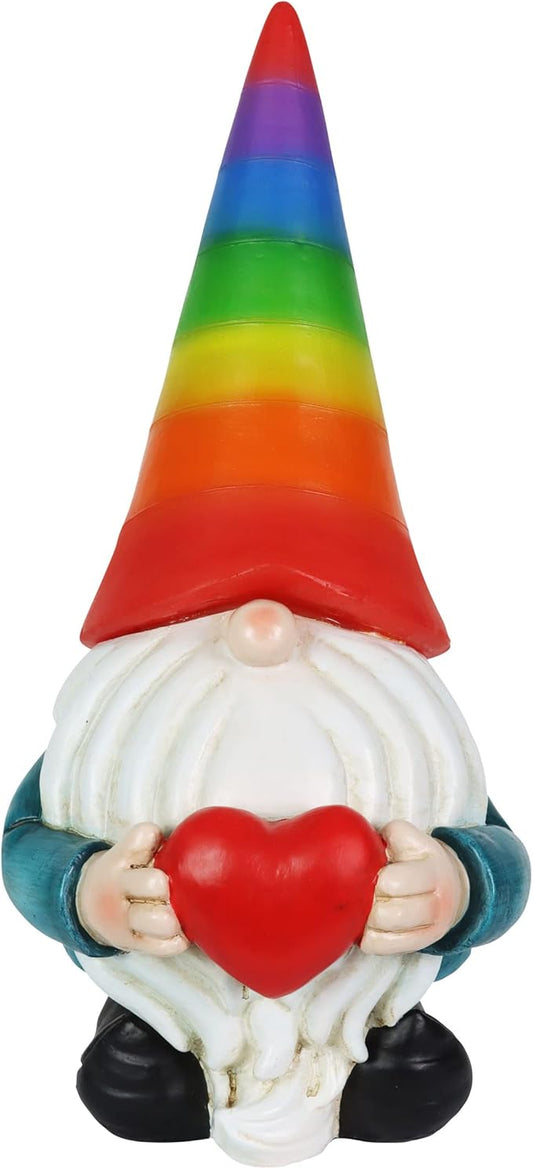 Exhart Garden Gnome, Solar Garden Gnome Statue with Heart, LED Rainbow Hat, Cute Outdoor Garden Decoration, 6 x 12.5 Inch, Multicolor, Resin
