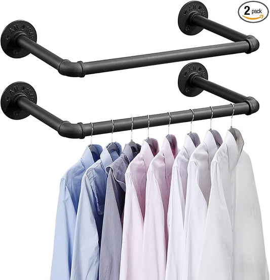 Industrial Pipe Clothes Rack Set of 2, 21” Heavy Duty Wall Mounted Clothing Rack Multi-Purpose Garment Bar, Space-Saving Hanging Rod for Laundry Room,Closet Storage