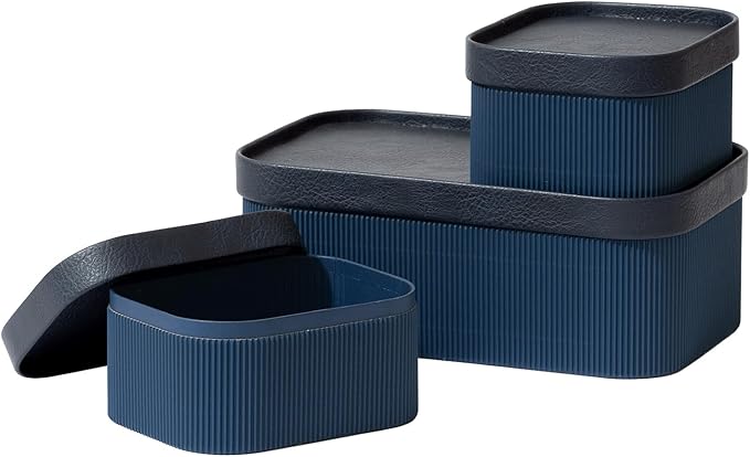 La Jolie Maison Fluted Cardboard Storage Baskets with Vegan Leather Lids, Sturdy Stackable Paper Boxes Decorative Tray, Basket Organizer Bins for Bathroom Bedroom Organizing, Navy Blue, Set of 3