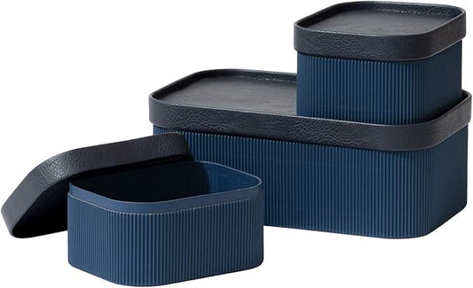 La Jolie Maison Fluted Cardboard Storage Baskets with Vegan Leather Lids, Sturdy Stackable Paper Boxes Decorative Tray, Basket Organizer Bins for Bathroom Bedroom Organizing, Navy Blue, Set of 3