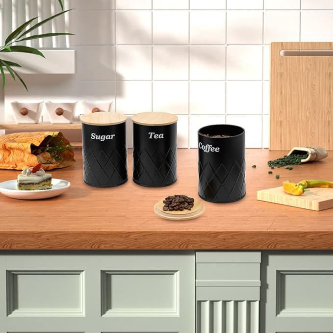 Black Canister Sets for Kitchen Counter,Tea coffee canisters,sugar container,3 Canisters,900ML/30.43OZ