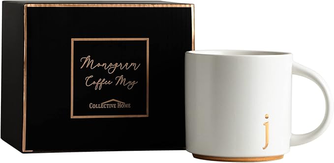COLLECTIVE HOME - Monogram Ceramic Mugs, 15 oz Golden Initial Coffee Cups, Elegant Alphabet Tea Mugs, Elegant Personalized Mug with Gift Box, Luxurious Cups for Office and Home (j)
