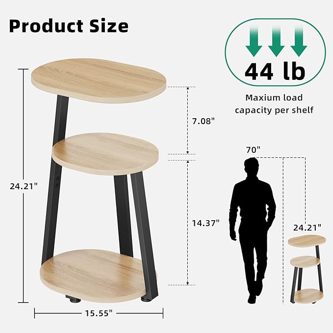 Side Table, Small End Table with Metal Frame, 3-Tier Bedside Tables, Round Side Tables for Living Room Bedroom Couch Bathroom, Oval, Modern Oak