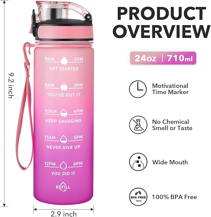 Enerbone Water Bottle, Leakproof BPA & Toxic Free, Motivational Water Bottle with Times to Drink and Straw, Fitness Sports Water Bottle with Strap for Office, Gym, Outdoor Sports