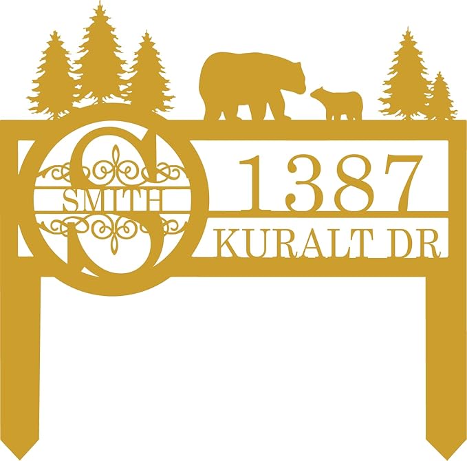 Personalized Custom Bear Wildlife Decor with Metal Stake - Address House Number Name Sign for Farmhouse, Yard, Camping