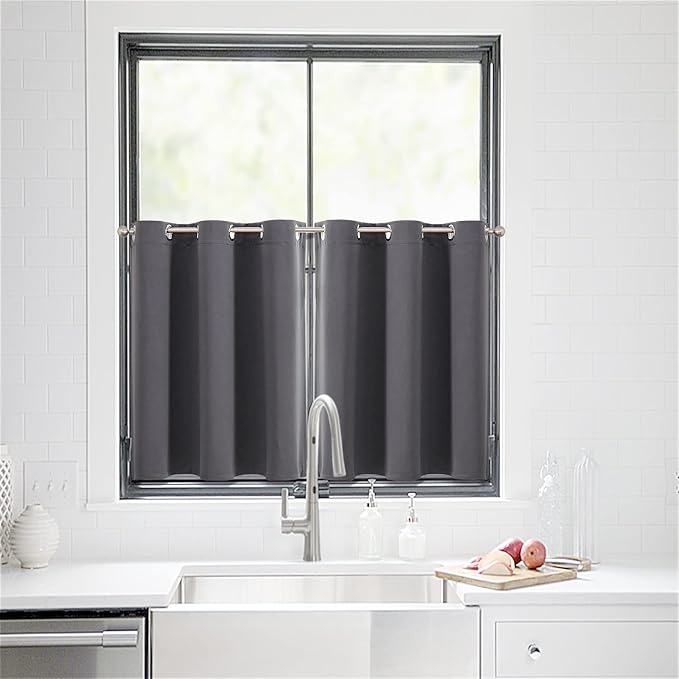ChrisDowa Small Window Curtains for Kitchen and Bedroom - Grommet Short Thermal Insulated Room Darkening Curtains (2 Panels, Dark Grey, 52 x 36 Inch)