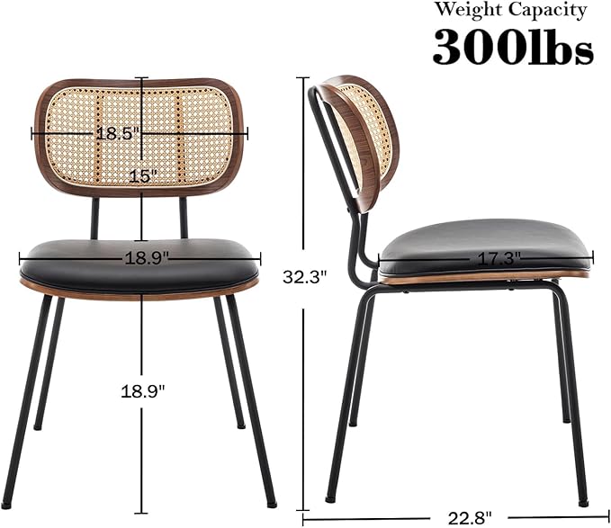 Rattan Dining Chairs Set of 4, Mid Century Modern Dining Chairs with Cane Back for Kitchen Dining Room, 19 Inch Faux Leather Black