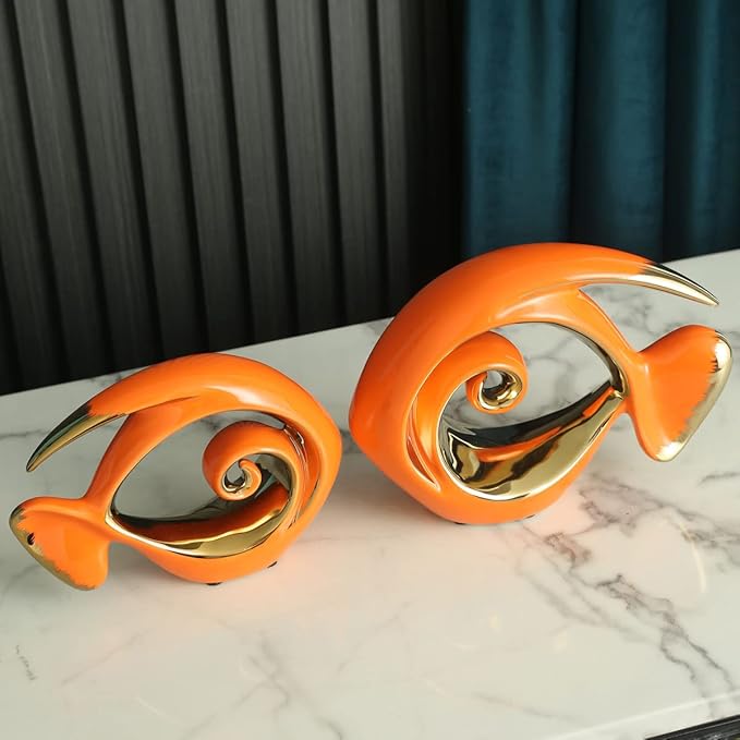 Orange Gold Ceramic Fish Figurines - Coastal Home Decor, Modern Ocean Centerpieces for Living Room, Dining Area, Bathroom, Office, Coffee Table, Beach House, Nautical, Seaside, Entrance, Shelf Display