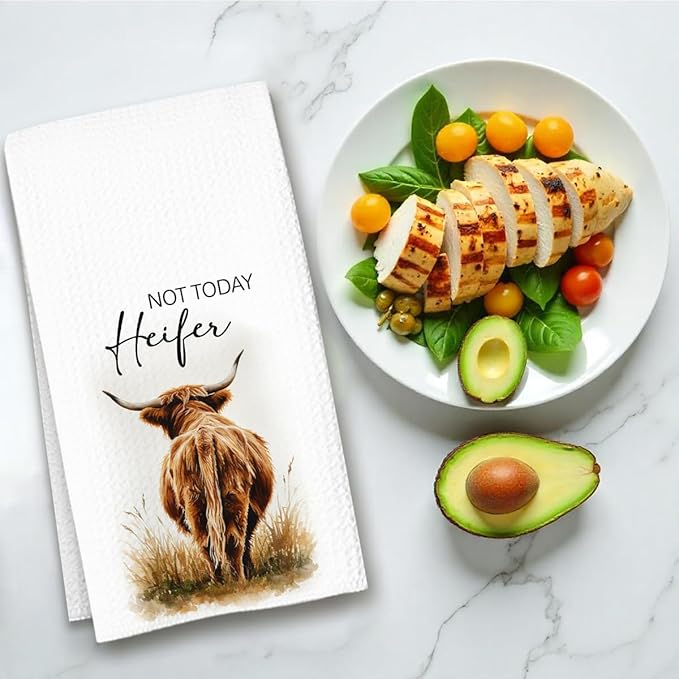 Not Today Heifer Highland Cow Hand Towels for Farmhouse Kitchen Bathroom Decor | Funny Waffle Weave Microfiber Dish Towel Western Gift