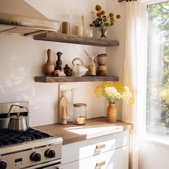 LaVie Home Floating Shelves, 24 Inch Wall Shelf Set of 2, Hanging Shelf with Invisible Brackets, Wall Decor for Bathroom, Bedroom, Living Room, Kitchen Storage, Rustic Brown