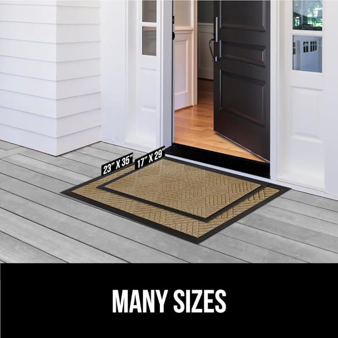 GORILLA GRIP 100% Waterproof All-Season WeatherMax Doormat US Designed Natural Rubber, Stain and Fade Resistant, Low Profile Indoor Outdoor Door Mats, Easy Clean Patio Mat, 17x29, Beige Diamond