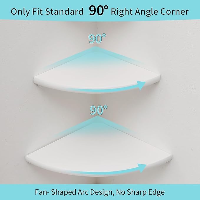 Corner Wall Shelves, White Floating Corner Shelf, Set of 2 16inch Solid Oak Wood Shelves, Round End Wall Mount Display Shelf with Wire Hole for Small Plant for Bedroom Kitchen, Living Room