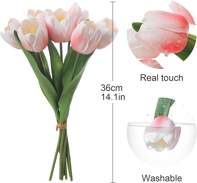 Light Pink Artificial Tulips, 2 Bundles 14Pcs, Fake Tulips Artificial Flowers, 2 x 2.4 Inch Large Flower Head Big Tulip, Easter Valentine's Day Mother's Day Home Decoration Flowers