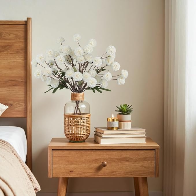 Faux White Kiku Flowers 10 Stems & 2 Eucalyptus, Fake Mums Pompon Flower Ball, Autumn Artificial Chrysanthemums Flowers for Boho Bedroom Decor, Silk Mini Faux Kiku Flower Wedding Arrangements Decor